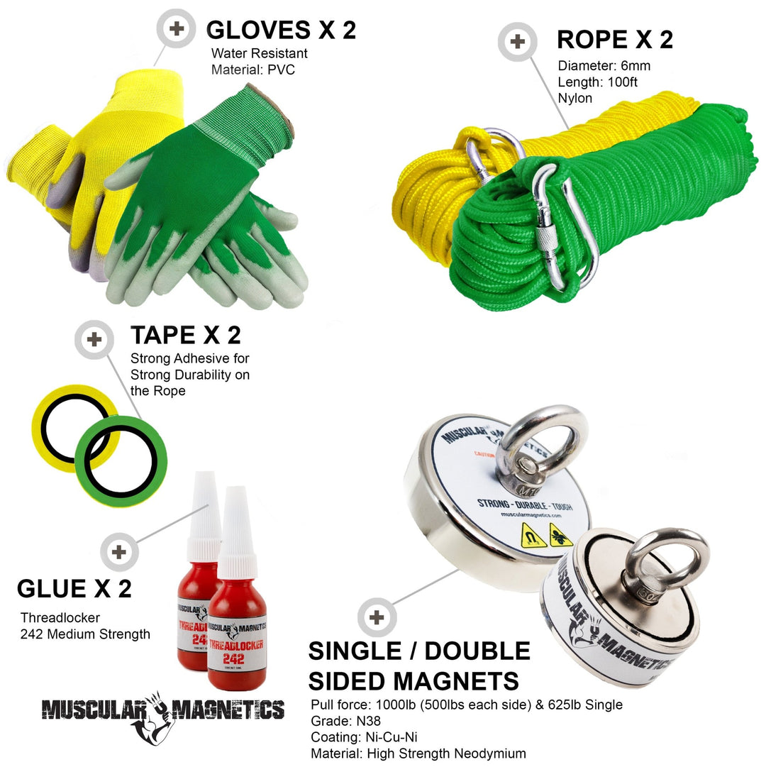 brute box 880 lb magnet fishing bundle 1000 LB & 625 LB DOUBLE & SINGLE SIDED FISHING MAGNET BUNDLE (TWO COMPLETE  KITS)
